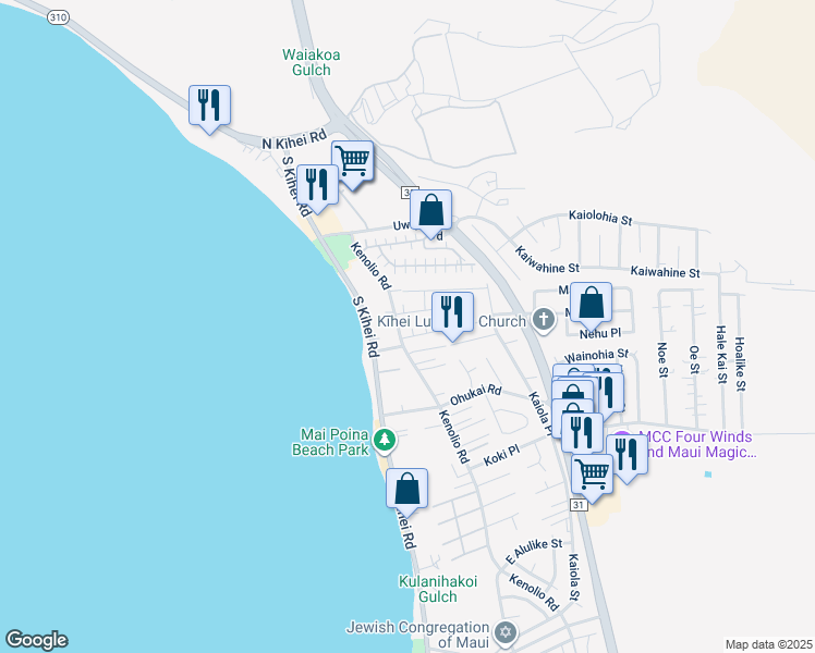 map of restaurants, bars, coffee shops, grocery stores, and more near 55 Aliilani Place in Kihei
