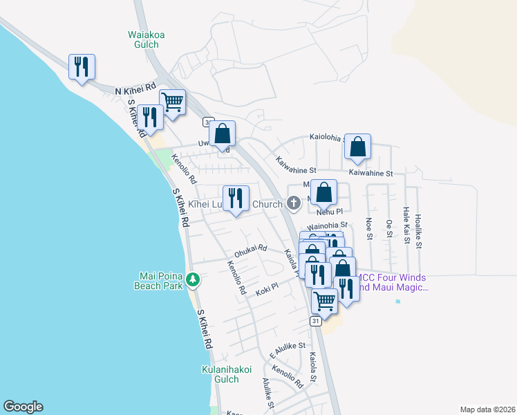 map of restaurants, bars, coffee shops, grocery stores, and more near 153 Luluka Place in Kihei