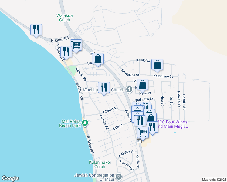 map of restaurants, bars, coffee shops, grocery stores, and more near Kaiola Street in Kihei