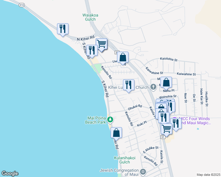map of restaurants, bars, coffee shops, grocery stores, and more near 208 Kenolio Road in Kihei