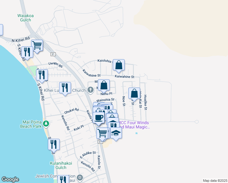 map of restaurants, bars, coffee shops, grocery stores, and more near 220 Nehu Place in Kihei