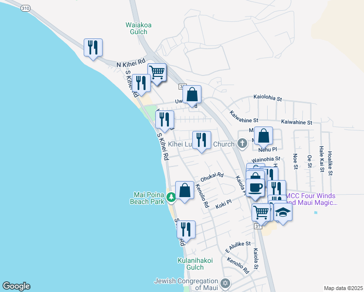 map of restaurants, bars, coffee shops, grocery stores, and more near 55 Aliilani Place in Kihei