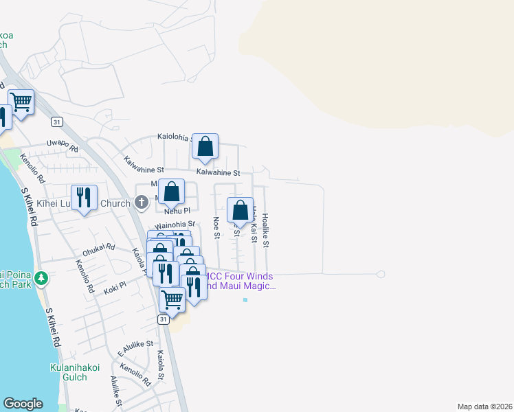 map of restaurants, bars, coffee shops, grocery stores, and more near 233 Hale Kai Street in Kihei