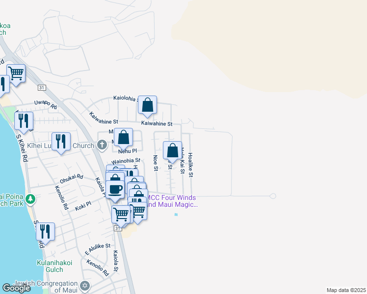 map of restaurants, bars, coffee shops, grocery stores, and more near 233 Hale Kai Street in Kihei