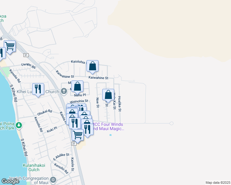 map of restaurants, bars, coffee shops, grocery stores, and more near 233 Hale Kai Street in Kihei