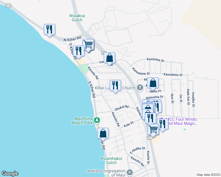 map of restaurants, bars, coffee shops, grocery stores, and more near 91 Aliilani Place in Kihei