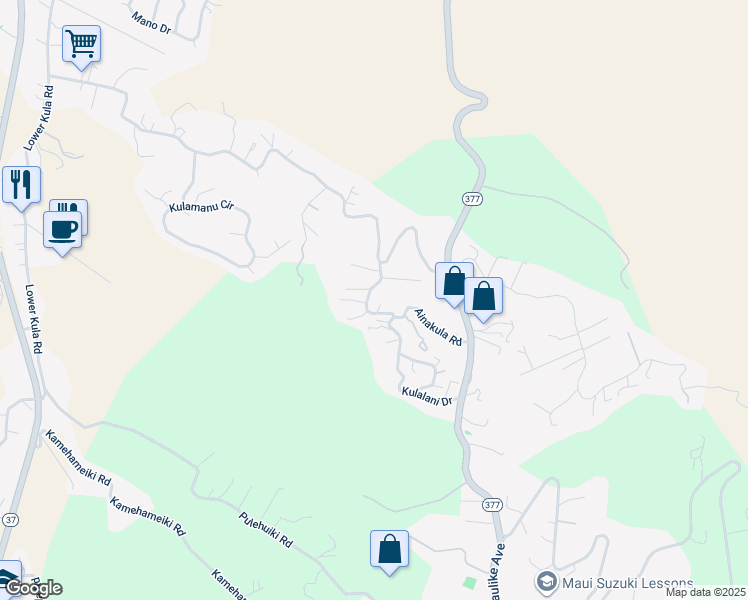 map of restaurants, bars, coffee shops, grocery stores, and more near 127 Ainakula Road in Kula