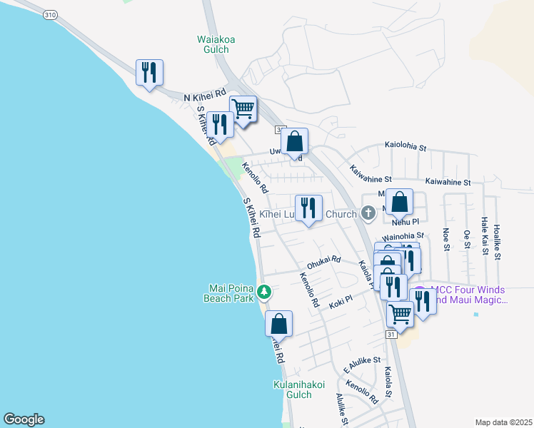 map of restaurants, bars, coffee shops, grocery stores, and more near 204 Kenolio Road in Kihei