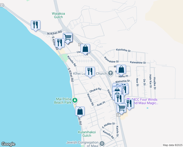 map of restaurants, bars, coffee shops, grocery stores, and more near 121 Aliilani Place in Kihei