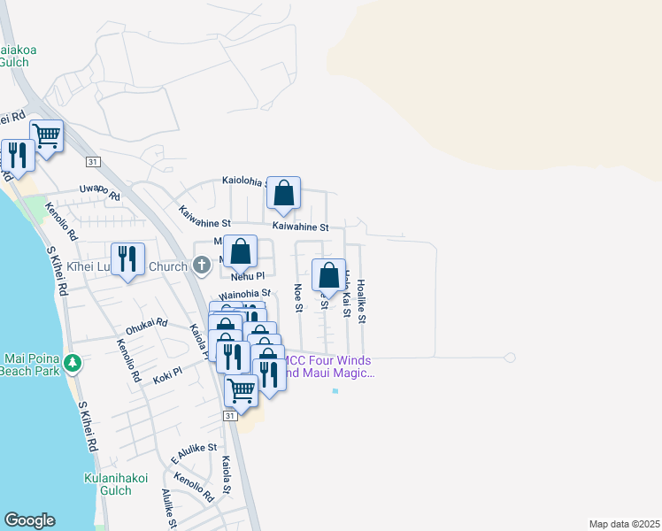 map of restaurants, bars, coffee shops, grocery stores, and more near 220 Oe Street in Kihei
