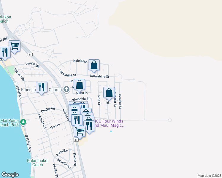 map of restaurants, bars, coffee shops, grocery stores, and more near 220 Oe Street in Kihei