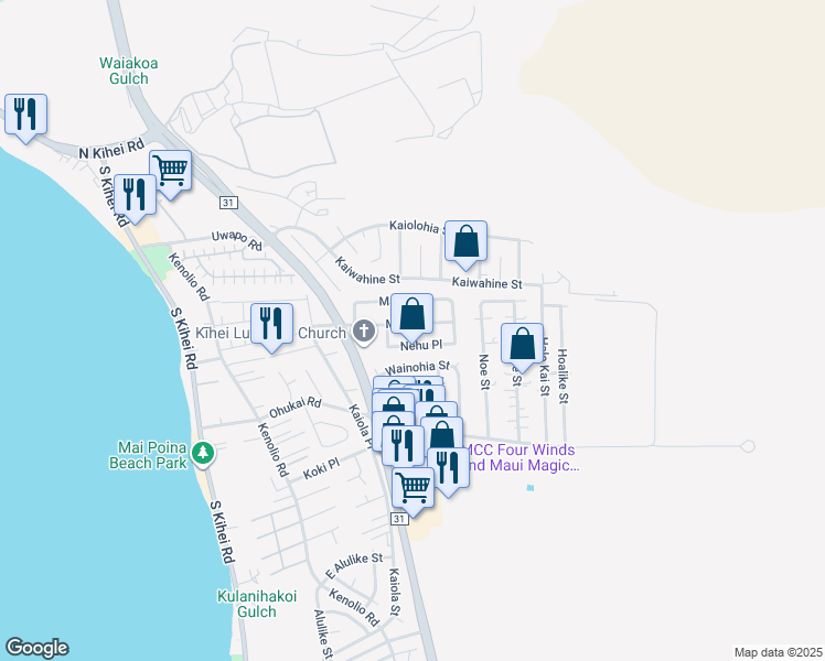 map of restaurants, bars, coffee shops, grocery stores, and more near 302 Moi Place in Kihei