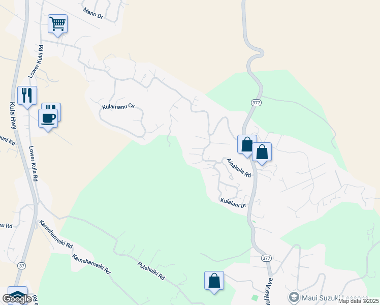 map of restaurants, bars, coffee shops, grocery stores, and more near 0 Ainakula Road in Kula