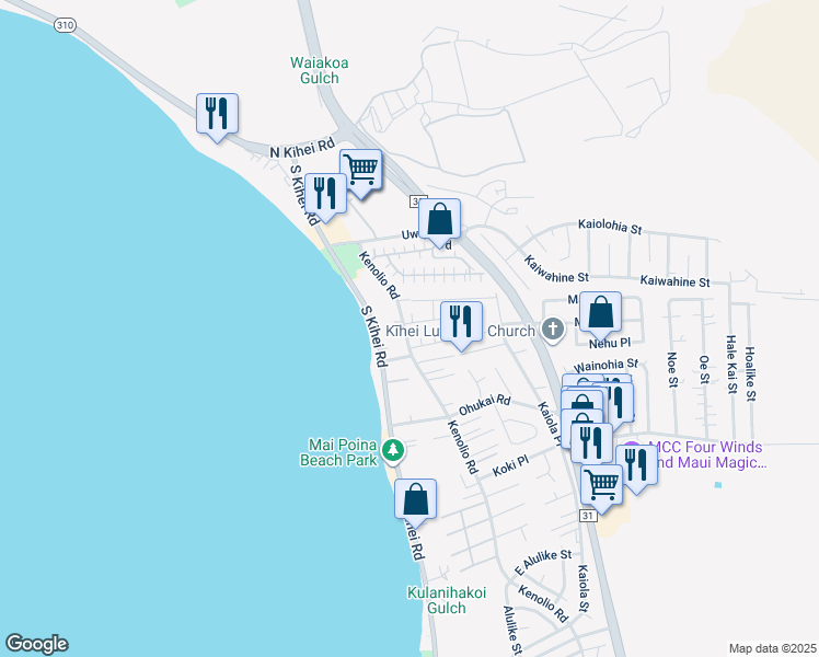 map of restaurants, bars, coffee shops, grocery stores, and more near 8 Honuea Street in Kihei