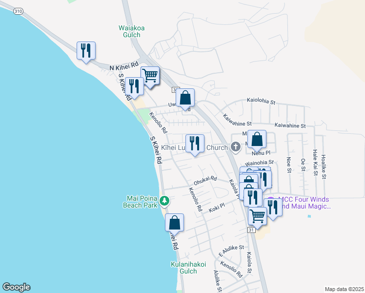 map of restaurants, bars, coffee shops, grocery stores, and more near 38 Honuea Street in Kihei