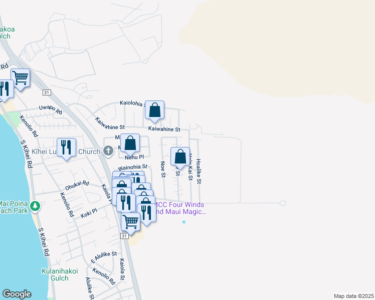 map of restaurants, bars, coffee shops, grocery stores, and more near 222 Hale Kai Street in Kihei