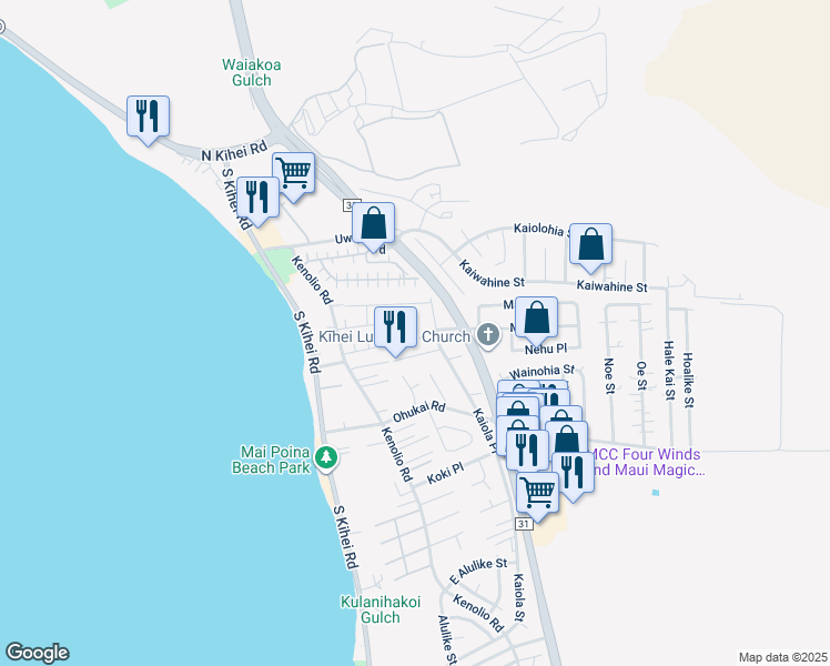 map of restaurants, bars, coffee shops, grocery stores, and more near 137 Aliilani Place in Kihei