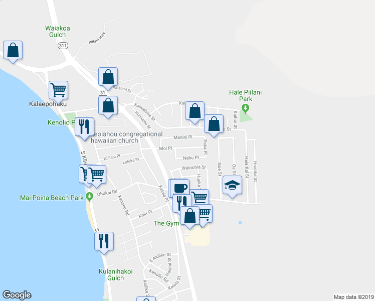 map of restaurants, bars, coffee shops, grocery stores, and more near 302 Moi Place in Kihei