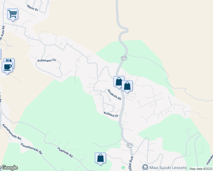 map of restaurants, bars, coffee shops, grocery stores, and more near 307 Ainakula Road in Kula