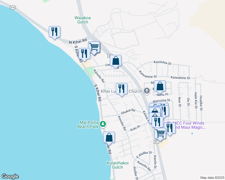 map of restaurants, bars, coffee shops, grocery stores, and more near 32 Honuea Street in Kihei