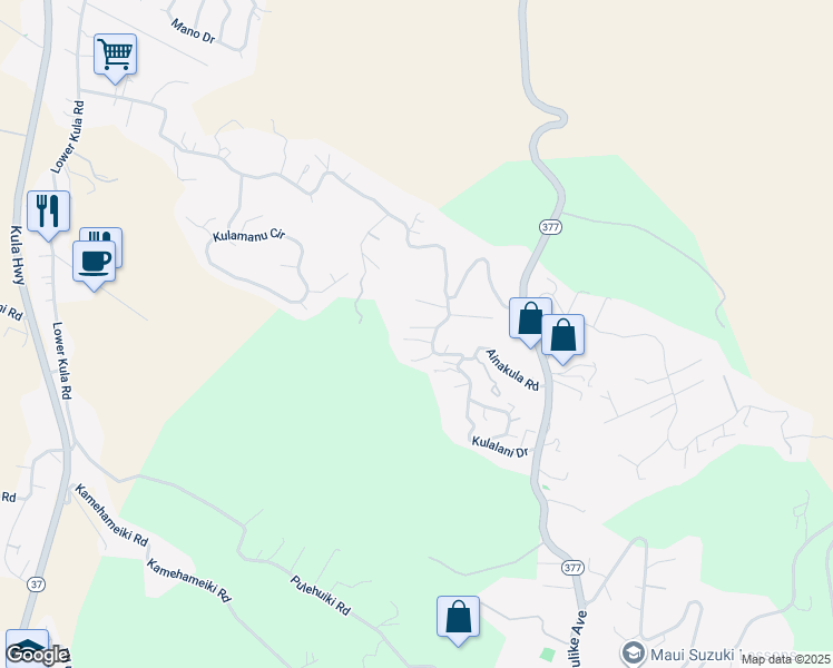 map of restaurants, bars, coffee shops, grocery stores, and more near 0 Ainakula Road in Kula