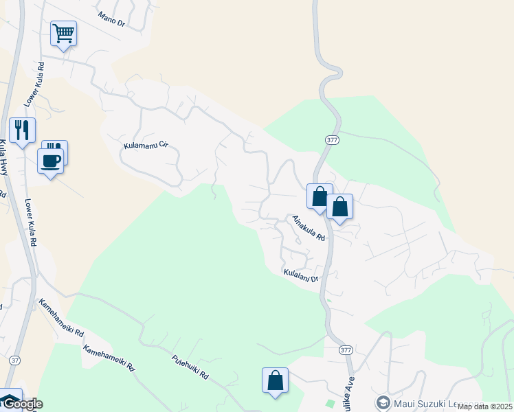 map of restaurants, bars, coffee shops, grocery stores, and more near 0 Ainakula Road in Kula