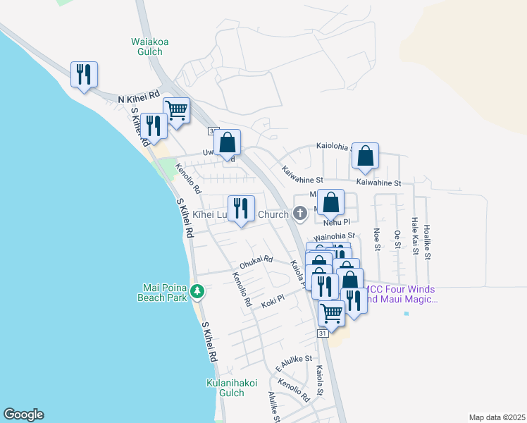map of restaurants, bars, coffee shops, grocery stores, and more near 155 Aliilani Place in Kihei