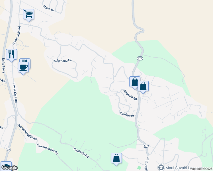 map of restaurants, bars, coffee shops, grocery stores, and more near 120 Ainakula Road in Kula