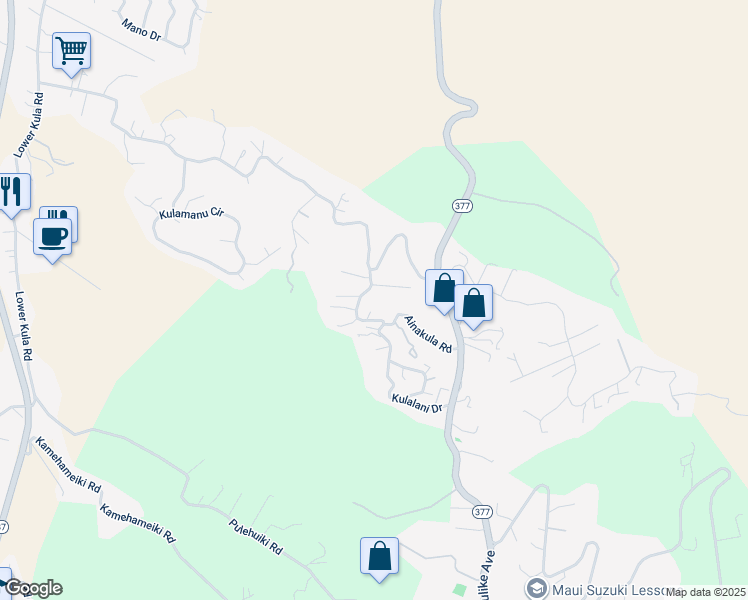 map of restaurants, bars, coffee shops, grocery stores, and more near 75 Ainakula Road in Kula