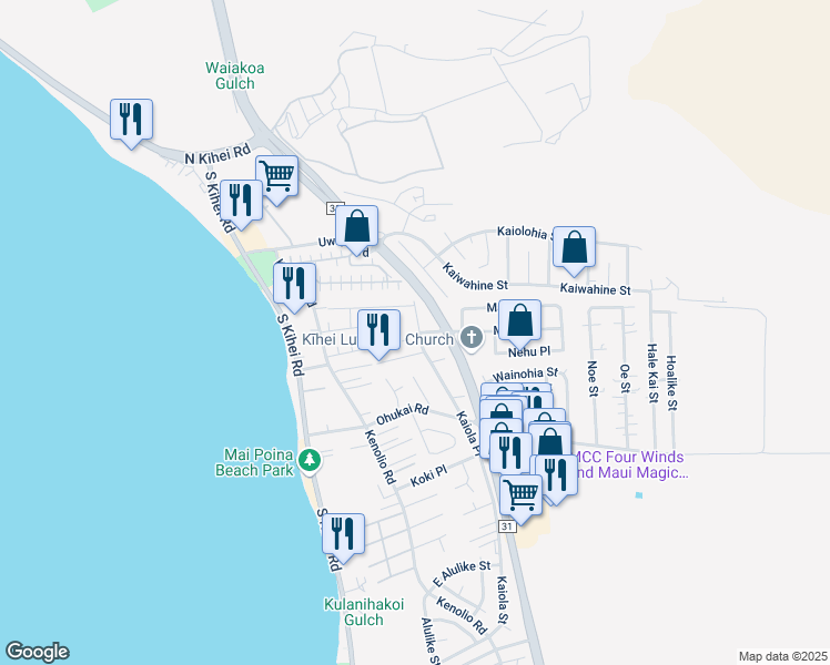 map of restaurants, bars, coffee shops, grocery stores, and more near 155 Aliilani Place in Kihei