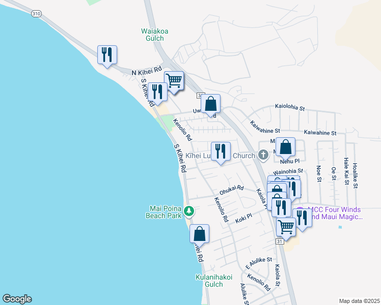 map of restaurants, bars, coffee shops, grocery stores, and more near 196 Kenolio Road in Kihei