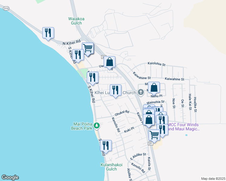 map of restaurants, bars, coffee shops, grocery stores, and more near 64 Honuea Place in Kihei