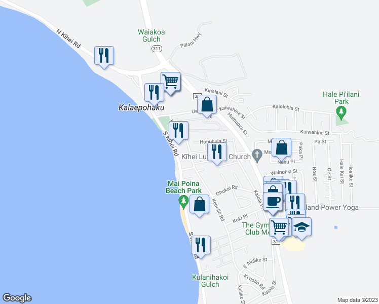 map of restaurants, bars, coffee shops, grocery stores, and more near 200 Kenolio Road in Kihei