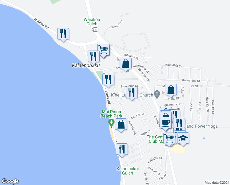 map of restaurants, bars, coffee shops, grocery stores, and more near 198 Kenolio Road in Kihei