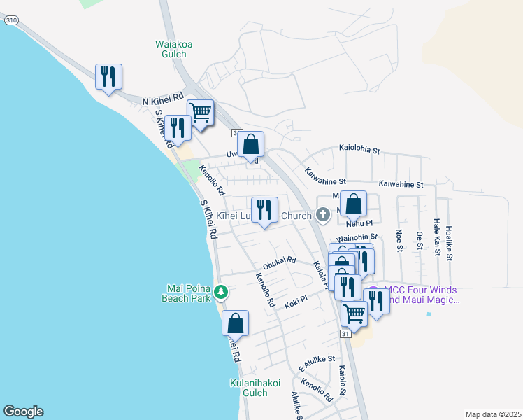 map of restaurants, bars, coffee shops, grocery stores, and more near 70 Honuea Place in Kihei