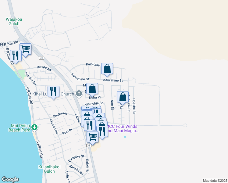 map of restaurants, bars, coffee shops, grocery stores, and more near 239 Oe Street in Kihei