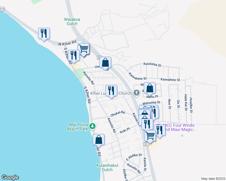 map of restaurants, bars, coffee shops, grocery stores, and more near 84 Honuea Place in Kihei