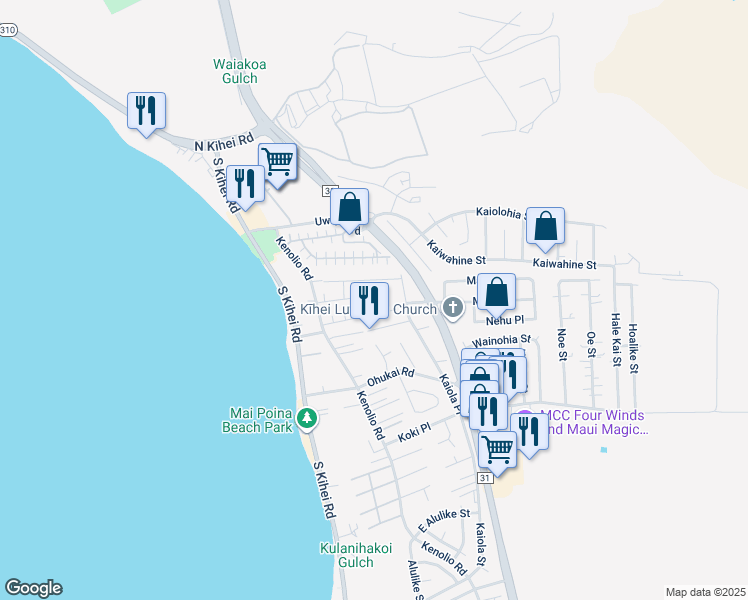 map of restaurants, bars, coffee shops, grocery stores, and more near 84 Honuea Place in Kihei