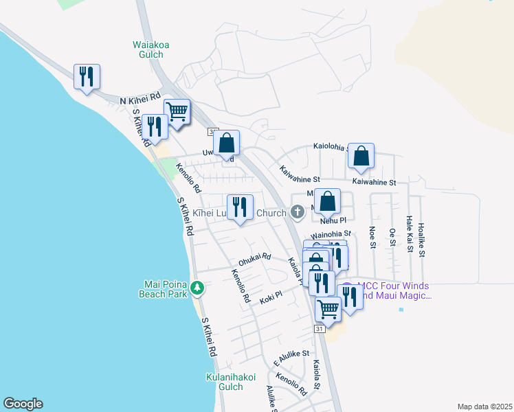 map of restaurants, bars, coffee shops, grocery stores, and more near 108 Honuea Place in Kihei