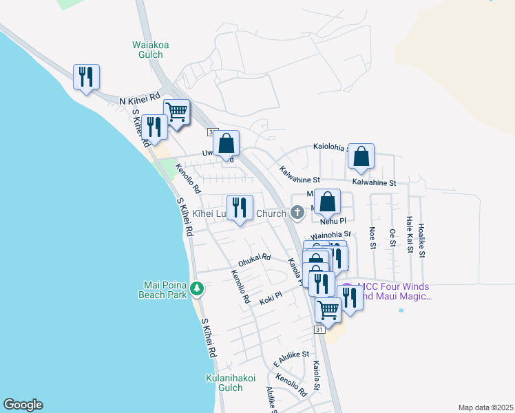 map of restaurants, bars, coffee shops, grocery stores, and more near 108 Honuea Place in Kihei