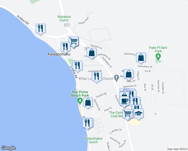 map of restaurants, bars, coffee shops, grocery stores, and more near 60 Honuea Place in Kihei