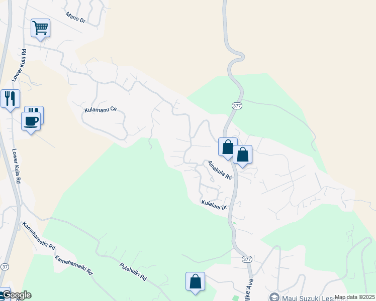 map of restaurants, bars, coffee shops, grocery stores, and more near 75 Ainakula Road in Kula