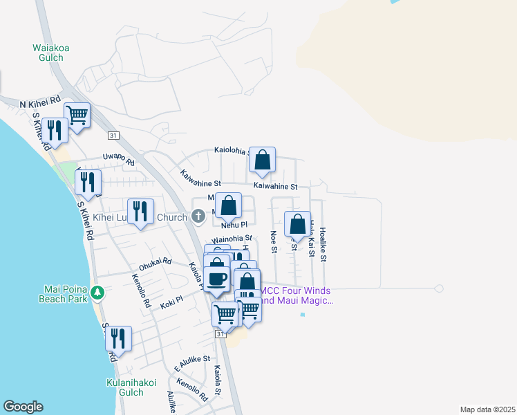 map of restaurants, bars, coffee shops, grocery stores, and more near 185 Paka Place in Kihei
