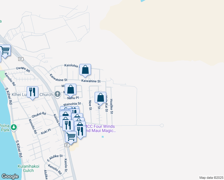 map of restaurants, bars, coffee shops, grocery stores, and more near 203 Hoalike Street in Kihei