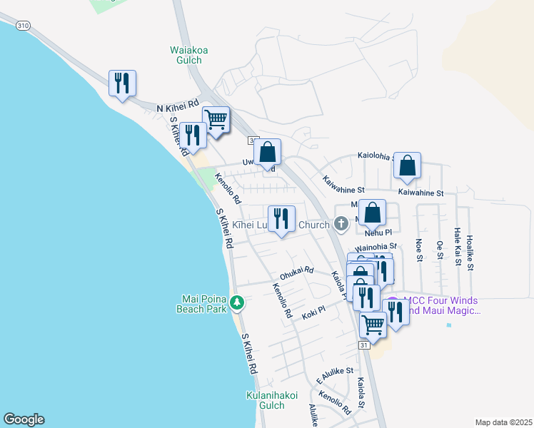 map of restaurants, bars, coffee shops, grocery stores, and more near 47 Honuea Place in Kihei