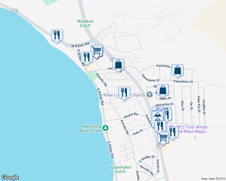 map of restaurants, bars, coffee shops, grocery stores, and more near 92 Honuhula Street in Kihei