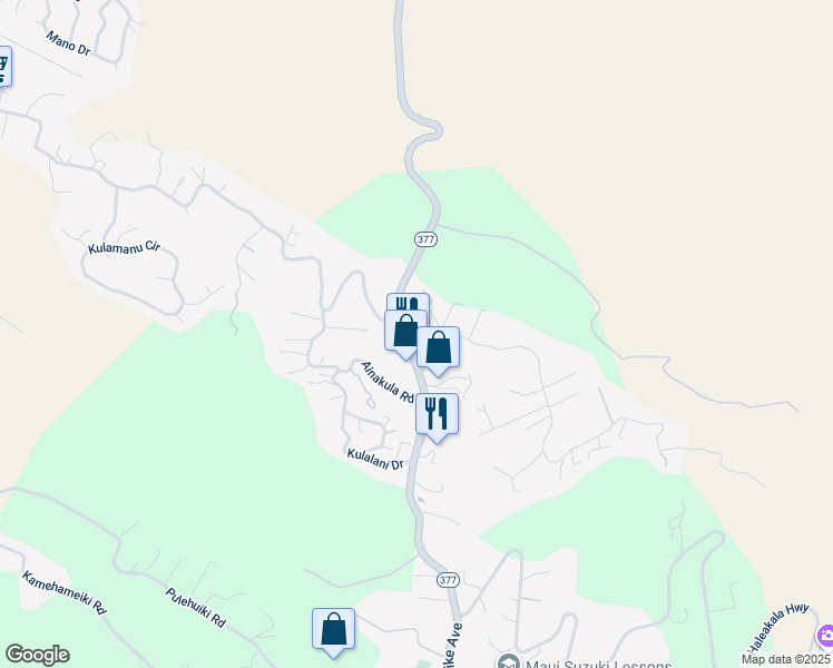 map of restaurants, bars, coffee shops, grocery stores, and more near 1 Haleakala Highway in Kula