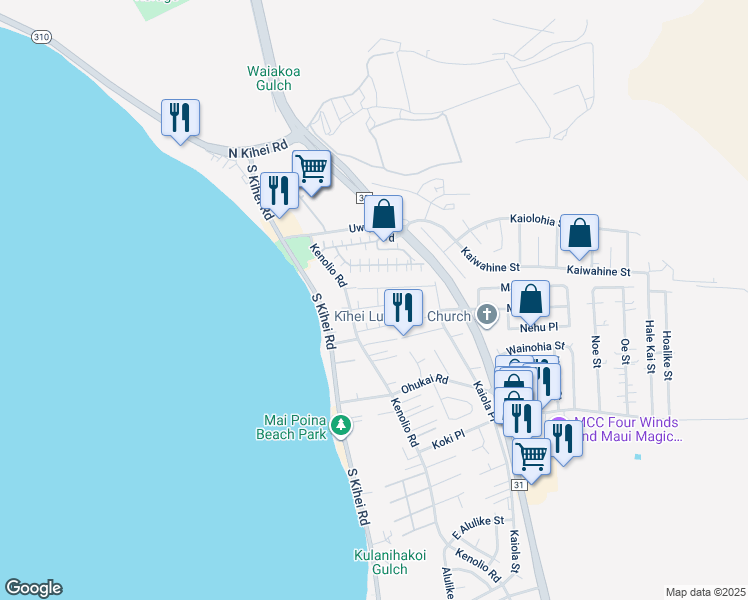 map of restaurants, bars, coffee shops, grocery stores, and more near 33 Honuea Street in Kihei