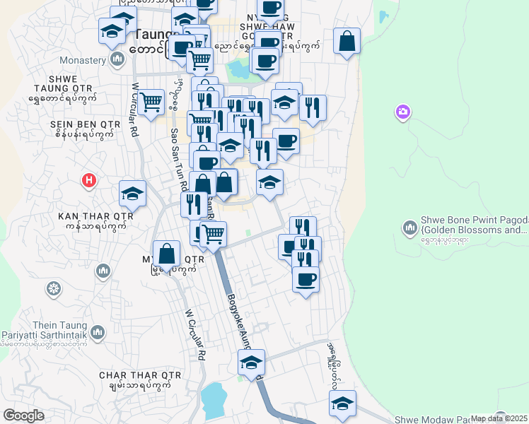 map of restaurants, bars, coffee shops, grocery stores, and more near အရှေ့မြို့ပတ်လမ်း in Taunggyi