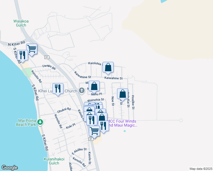 map of restaurants, bars, coffee shops, grocery stores, and more near 187 Paka Place in Kihei